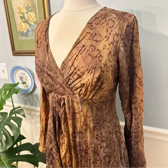 Vintage Alberto Makali Mini Dress Large Brown Cheetah Print Boho Tunic Going Out - Picture 2 of 8